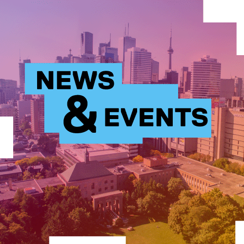 Background image of the cityscape including Ryerson buildings with the title "News & Events" on top in a blue box