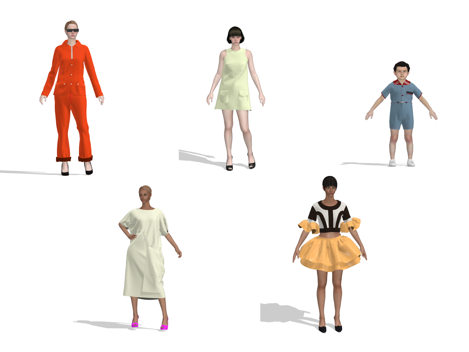 Digital recreations and redesigns of garments from the FRC collection: Courrèges orange women’s pant suit (1970s) recreated by Arshia Bahrami (top left), pale green two-piece set (1960s) recreated by Lilly Turmel (top center), boy’s blue cotton romper (1950s) recreated by Jinglin He (top right), avant-garde tunic recreated by Ava Karleff (bottom left), and a redesign of Geoffrey Beene’s 1960s dress by Precious Ayolade (bottom right).