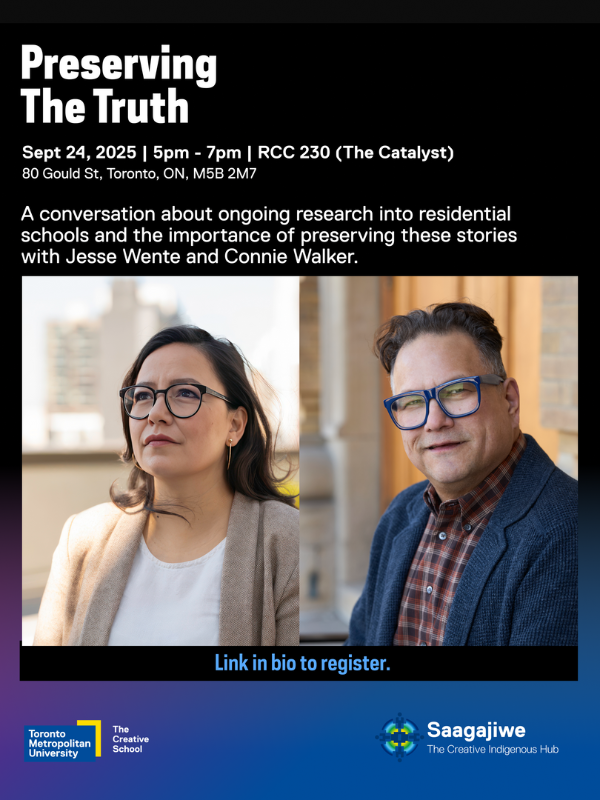 A poster of the event with the following text: Join us on September 24th for a conversation about ongoing research into residential schools and the importance of preserving these stories with Jesse Wente and Connie Walker.