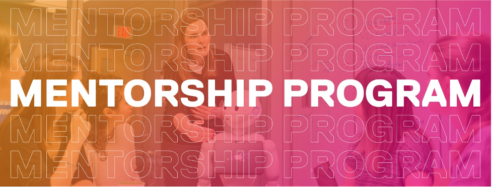 Graphic website banner for the creative school. Orange and pink gradient overlaid on a photo of Professor Frauke Zeller with words “Mentorship Program” pasted above in white