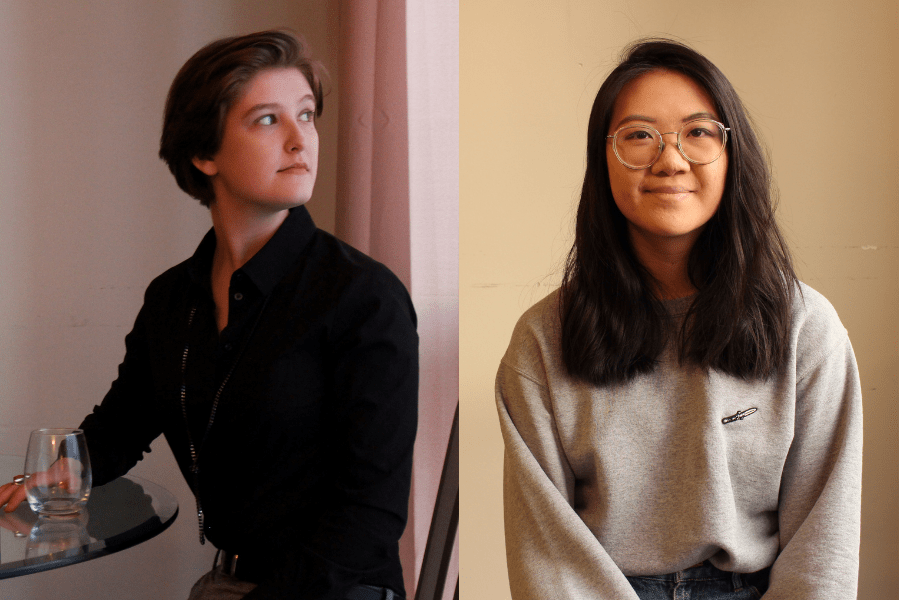  Portrait of RTA Media student Anita Porgozelska sat at desk and portrait of RTA Media student Yvette Sin