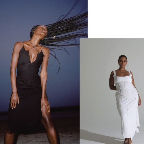 Two women in dresses by Nadine Mosallam. The one on the left is wearing a black dress and the one on the right is wearing a white dress