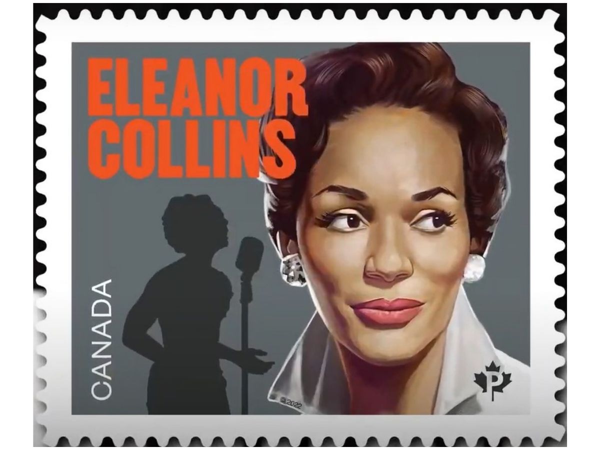 Stamp featuring illustration of a Black woman with short hair, earings and collared white dress next to her silhouette singing into a microphone