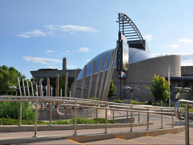 The Ontario Science Centre, a grey building with a dome-like roof