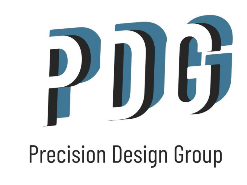 The Precision Design Group logo features the lettersPDG in white letters with a blue shadow in the background. Underneath writes the words "Precision Design Group" in classic black font 