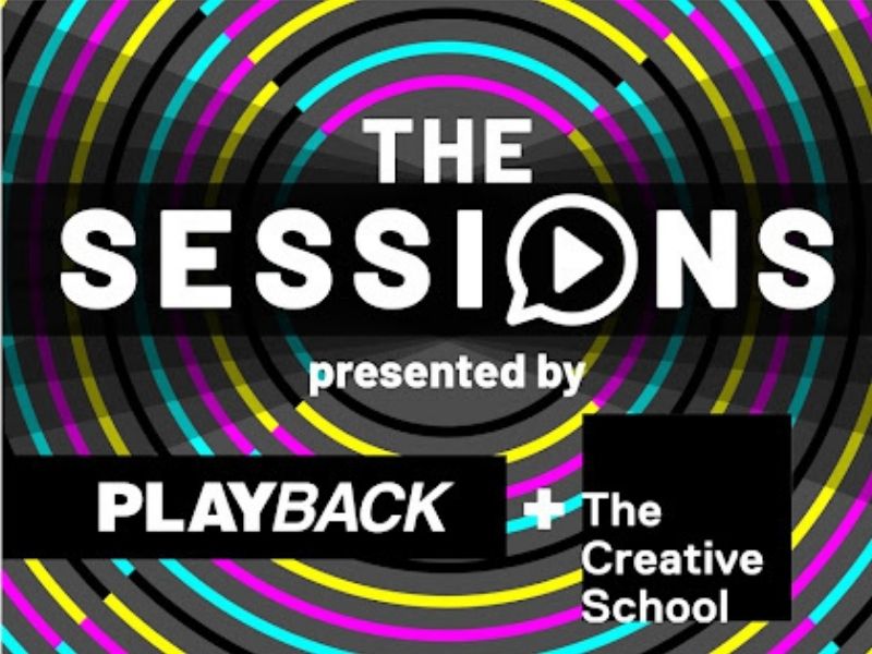 The Sessions logo with a colourful circular design with pink, teal, yellow and black lines