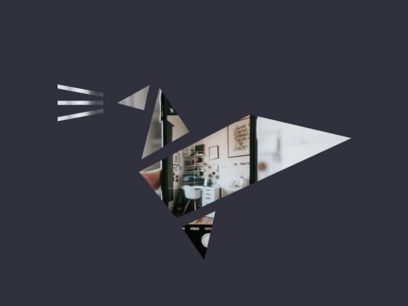 Logo shows a graphic of shapes arranged to look like a bird against a mauve background. The shapes show a photographed image of an office space with a lot of light