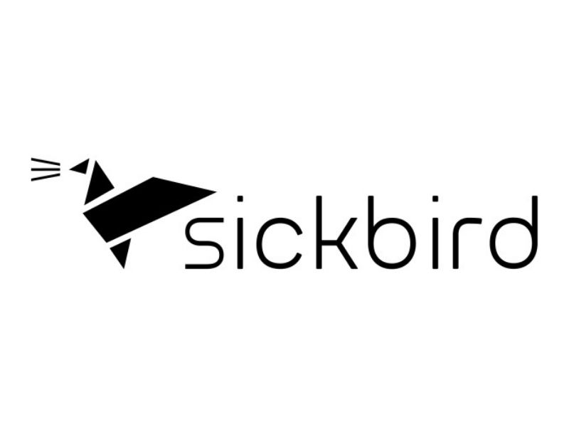 Graphic image of bird in black against white background and the words 'sickbird'