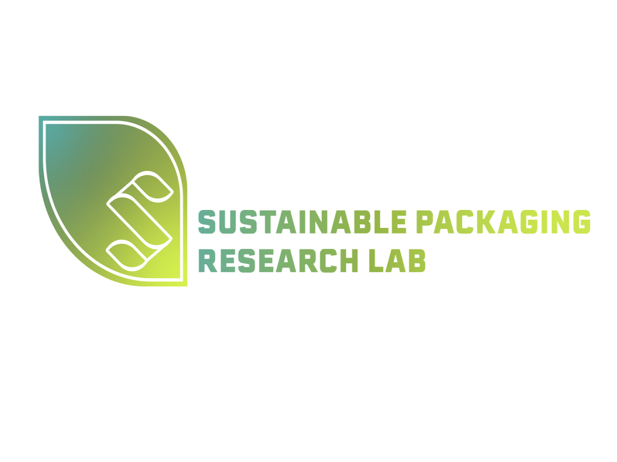 A white graphic with the words 'sustainable packaging research lab' in green gradiant font