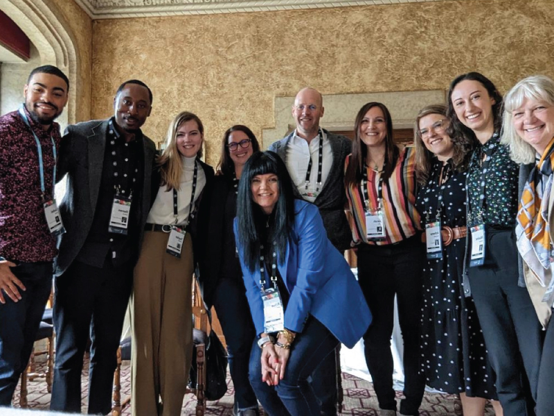 Photo from Banff Media Festival featuring TMU alum Jadiel Dowlin Lewis (left) and RTA grads Taylor Hopkins (third from left) and Maxine Grossman (second from right) in a group photo