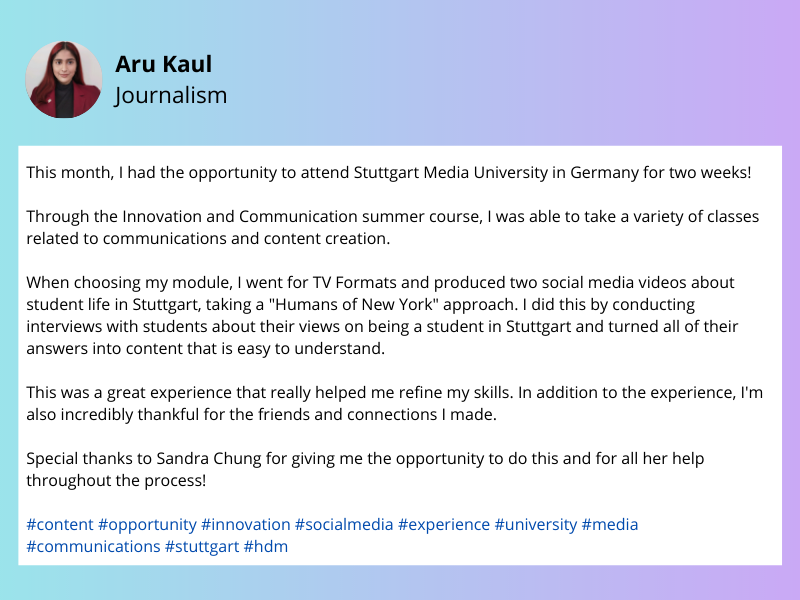 Testimonial from student Aru Kaul on LinkedIn