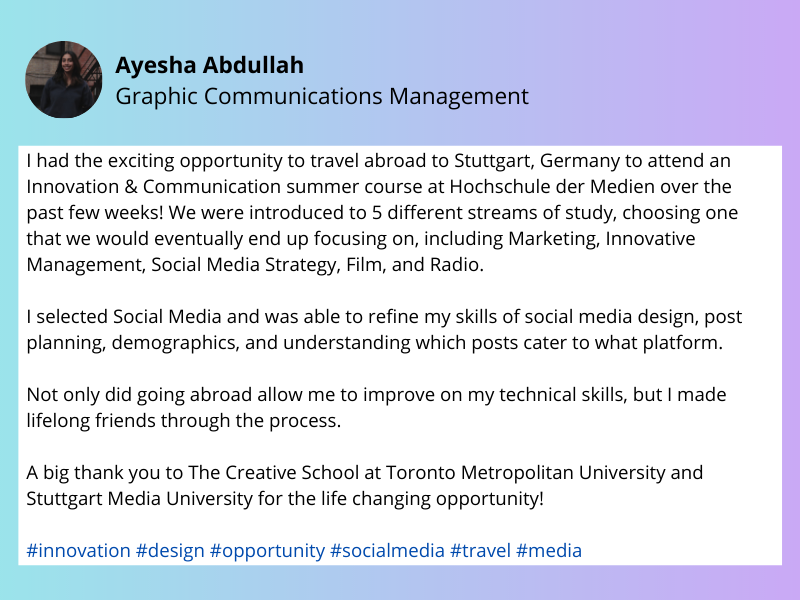 Testimonial from student Ayesha Abdullah on LinkedIn