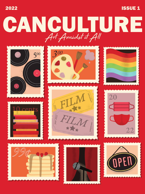 The cover of CanCulture Magazine's first print edition, titled Art Amidst it All with a red background and off white text