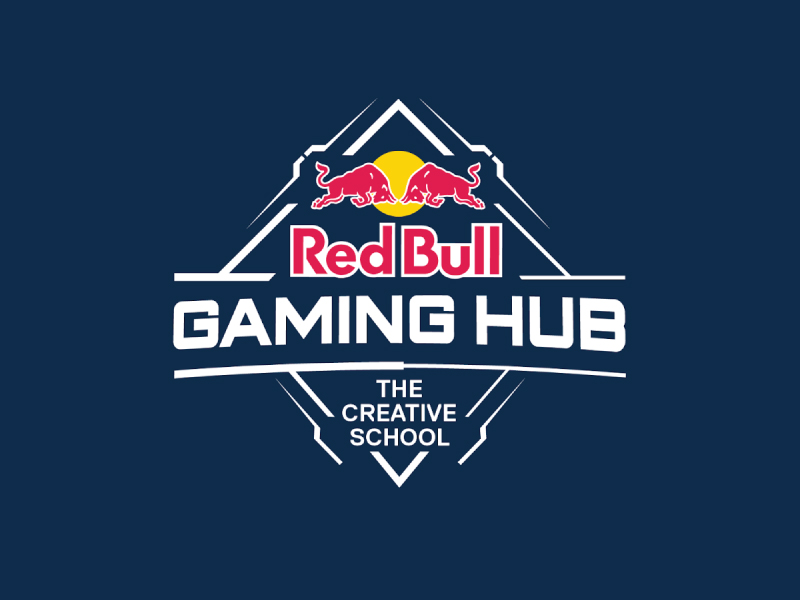 Navy blue image with the Red Bull logo and the words 'Red Bull Gaming Hub' on top of 'The Creative School'