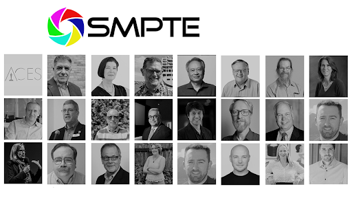 Black and white overlay of a group of people smiling.