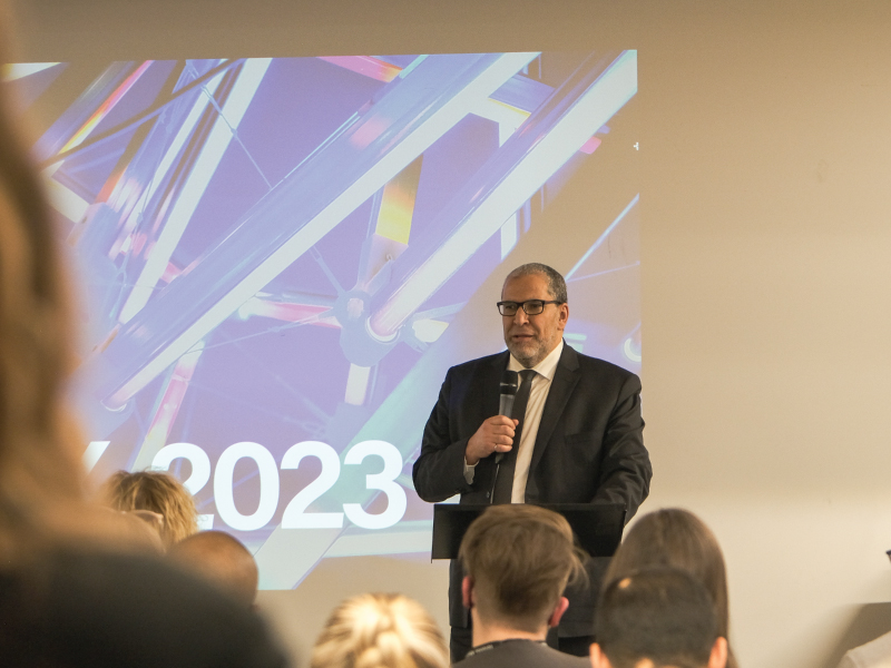 TMU President Mohamed Lachemi speaks to an audience