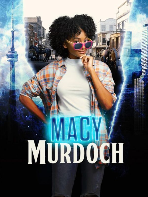 A woman wearing a flannel shirt and bright red sunglasses stands in front of a digital background of the city of Toronto.