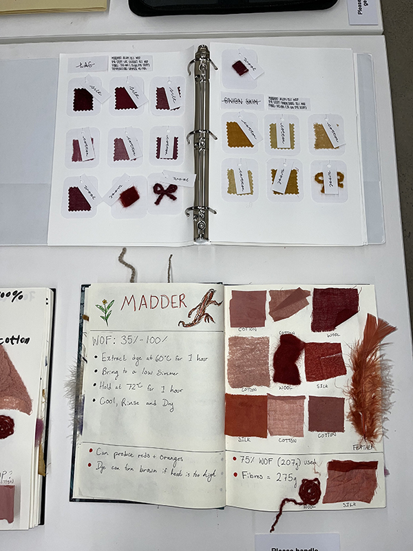 A display book of dyed fabrics from the urban farm