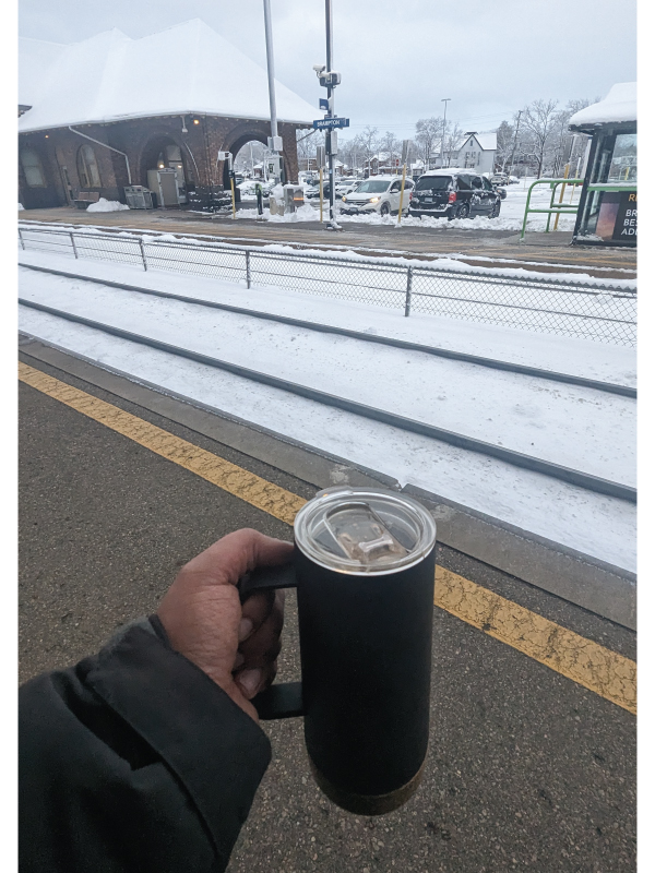 A coffee to-go cup at the Brampton GO station