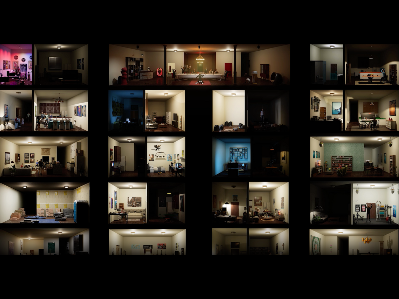 A still image of an Apartment by Brian Leclerc. The image shows a 3D animated cross-section of a building. Each apartment depicts a different scene.