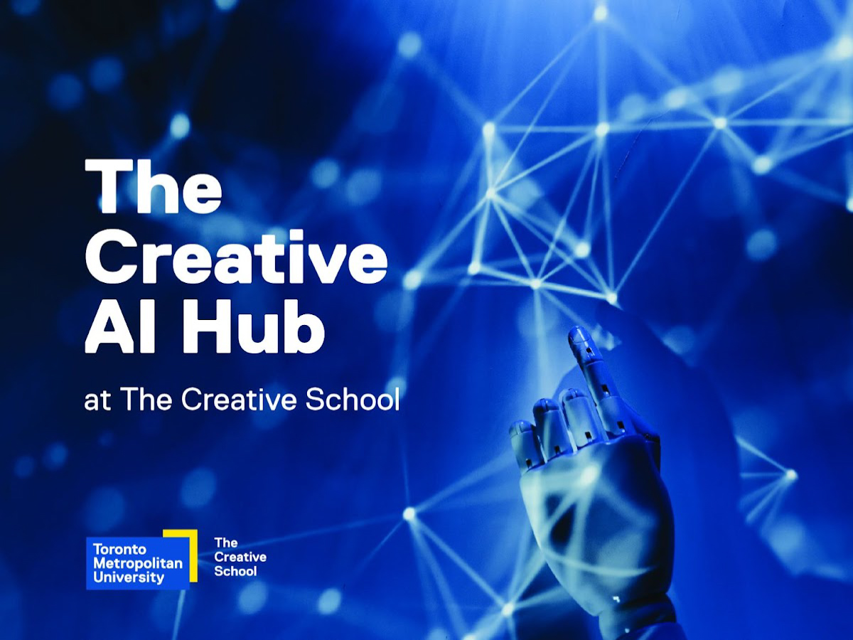 A blue graphic with a robotic hand and the text "The Creative AI Hub at The Creative School"