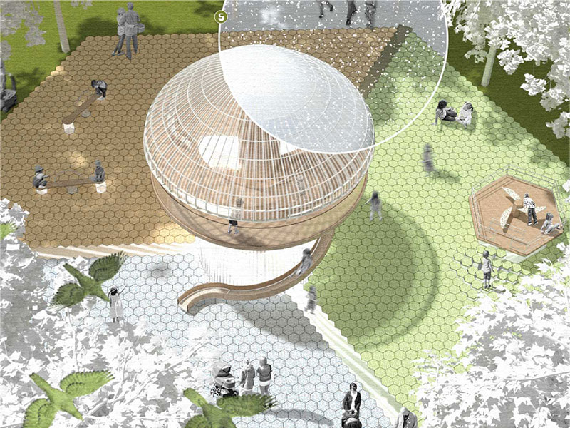 A digital sketch of a spherical structure in a garden landscape