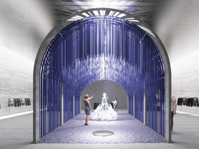 A purple cabana with a woman in a flowy white dress in the middle