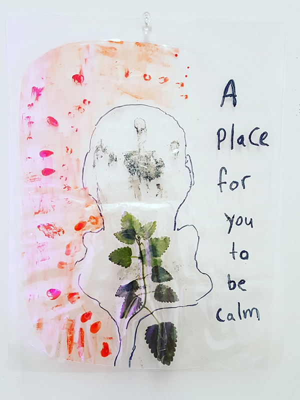A piece of art by Fallon Simard with an outline of a human body with leaves inside. Beside is the text 'for you to be calm'