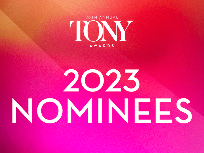 A red and pink graphic for the 2023 Tony Award nominees