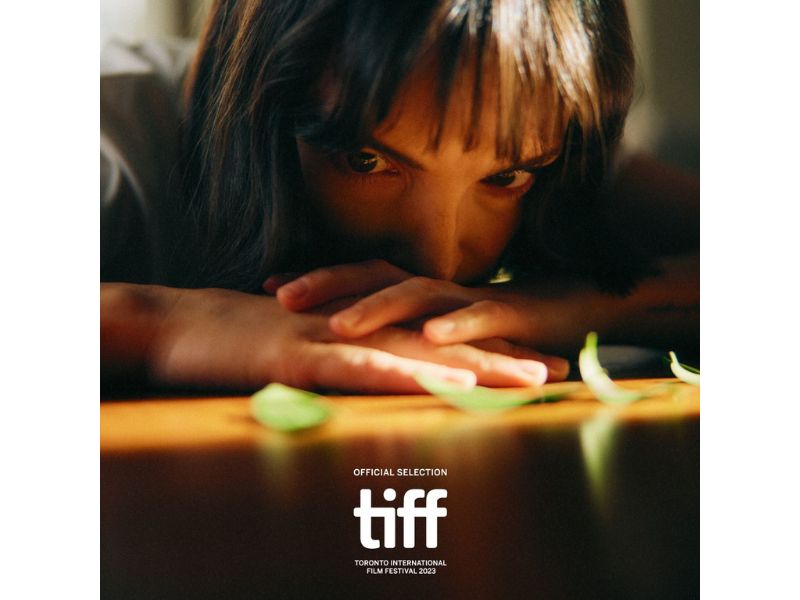 Person staring down at green leaves scattered right in front of her eyes