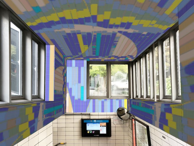 A subway entranceway with an overlaid digital rendering of brilliantly coloured mosaic