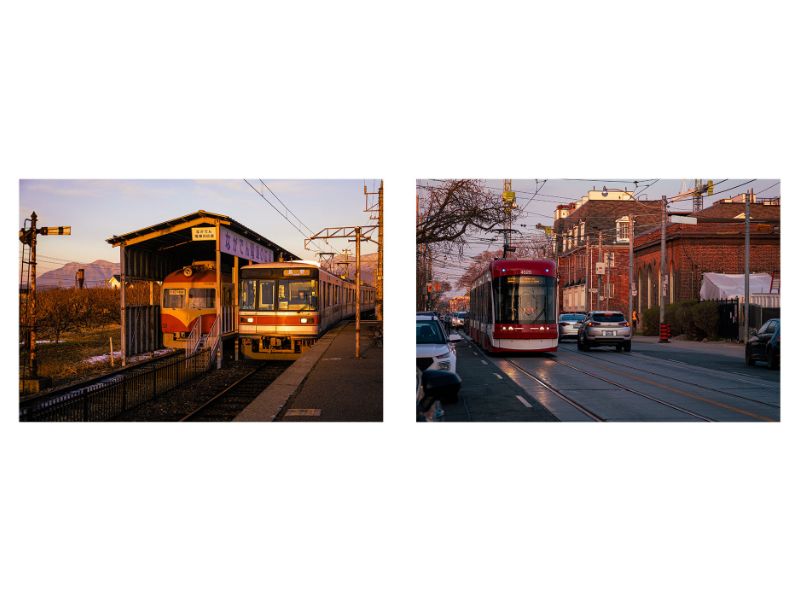 A comparative art piece with two pictures of train stations side by side. One is in Tokyo, Japan, and the other is in Toronto, Ontario, Canada.