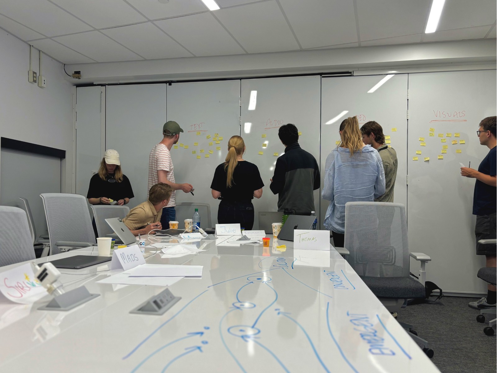 Wide shot of trainees brainstorming around a whiteboard in The Catalyst boardroom.