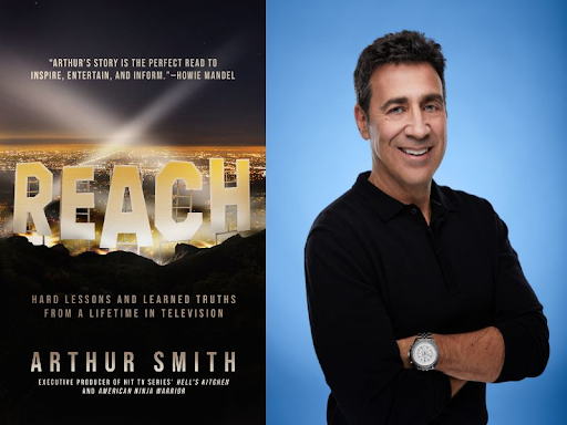 On the left, a book cover of a lit up Hollywood sign but the sign says REACH. On the right, a man crosses his arms and poses in front of a bright blue background.
