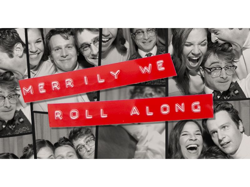 A black and white collage of friends laughing with bold red and white text that reads Merrily We Roll Along.