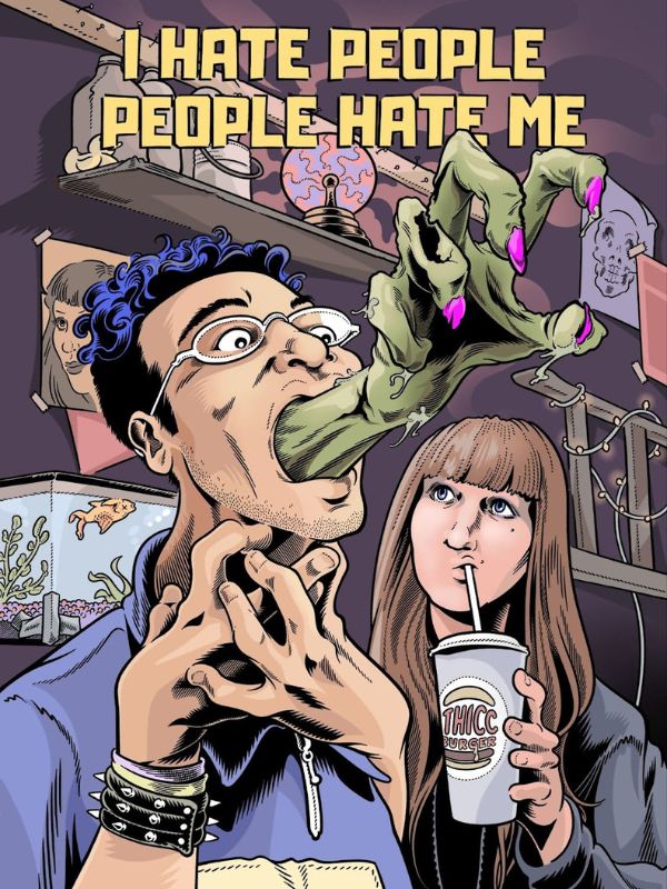 I Hate People, People Hate Me graphic design poster. A man has a green hand coming out of his throat while a girl watches as she drinks a milkshake
