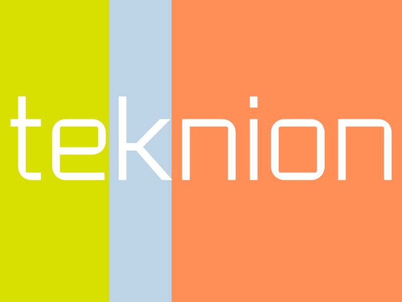 graphic with green, blue, and orange background and overlay text titled "teknion"