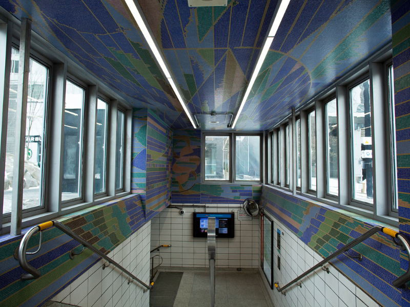 A photo of Bay station showcasing a vibrant and colourful looking mosaic.