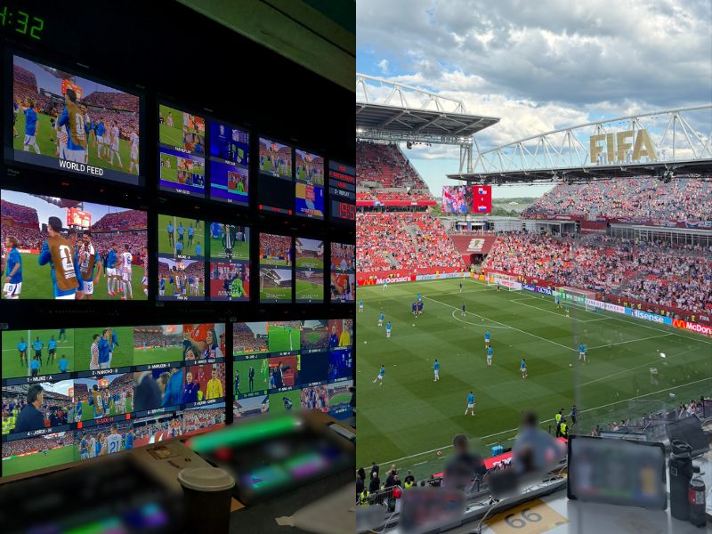 A split image showcases two behind-the-scenes perspectives from the FIFA World Cup 2026 at Toronto Stadium. The left side shows a broadcast control room with multiple monitors displaying live match camera feeds used to produce the world broadcast. The right side shows a panoramic view from a broadcast position overlooking the pitch during a match, with fans filling the stadium and FIFA World Cup branding visible throughout.