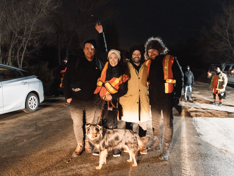 The team behind Simulant, from left to right: James van der Woerd, April Mullen, Tim Doiron, Ryan Churchill standing outside on their film set