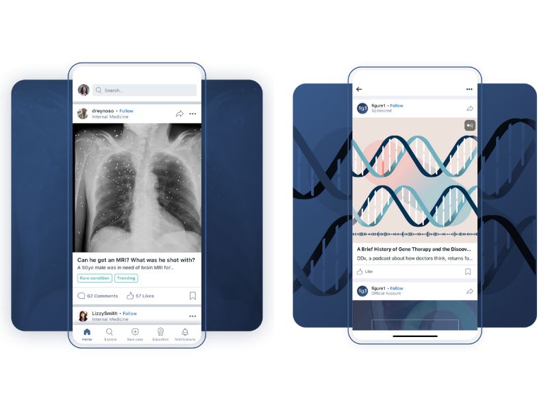 The Figure 1 app is displayed on the screens of two mobile phones. One post shows an x-ray of the lungs, and the other is a graphic rendering of DNA molecules