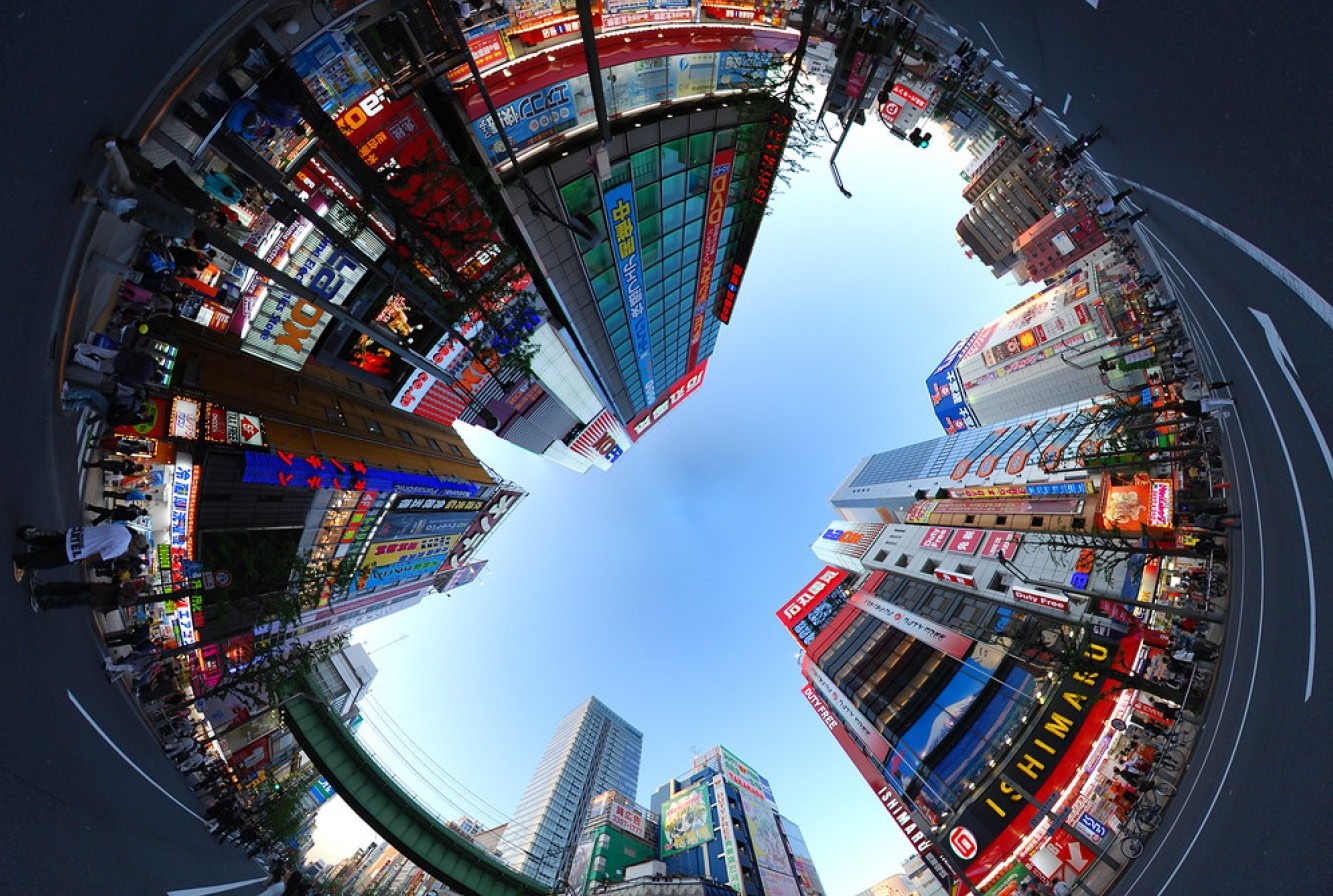 fish eye view of street buildings