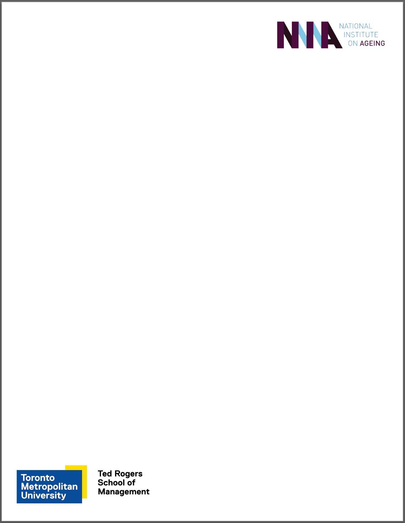 Letter size page with "NIA: National Institute on Ageing" logo in the top right. Bottom left shows "Toronto Metropolitan University, Ted Rogers School of Management" logo lockup.