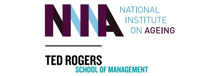 Logo lockup. "NIA: National Institute on Ageing" logo on top of the "Ted Rogers School of Management" logo, separated by a black line.
