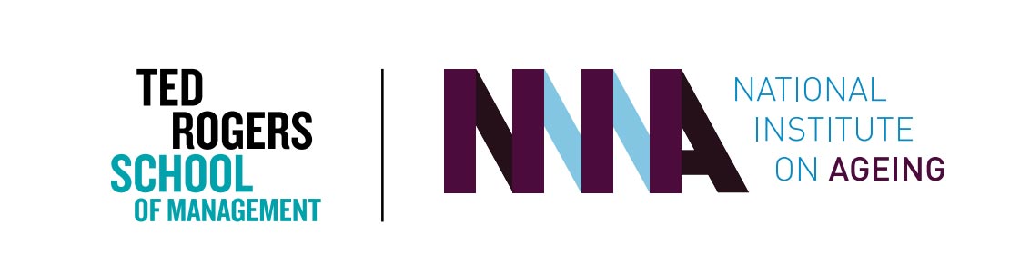 Logo lockup. "Ted Rogers School of Management" logo on the left of the "NIA National Institute on Ageing" logo, separated by a black line.