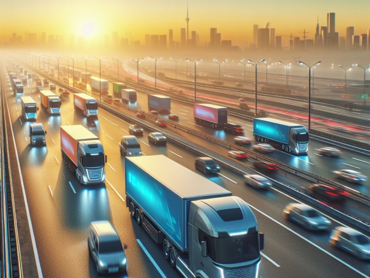 truck trafffic with the sun and city landscape behind
