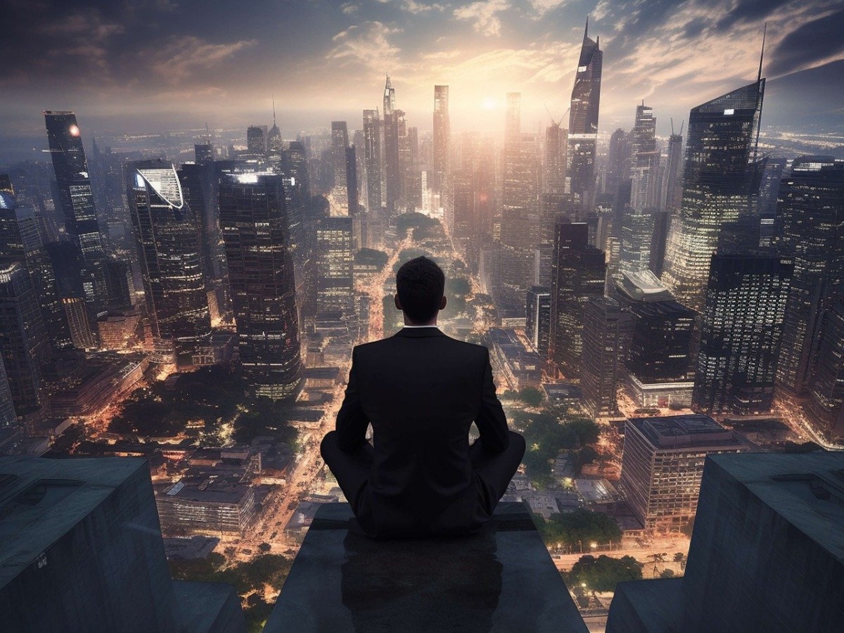 Person sitting on top of a high raised building