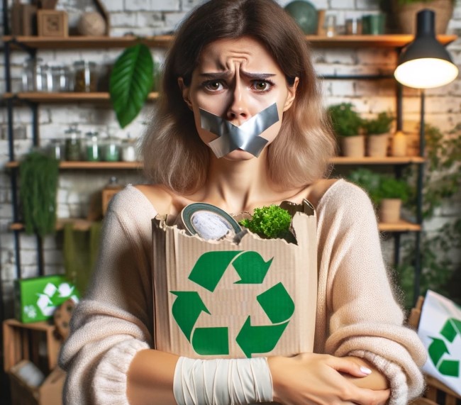 woman frowning and holding groceries in a recyclable paper bag