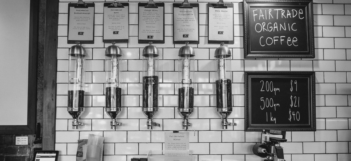 display of coffee varieties on the wall