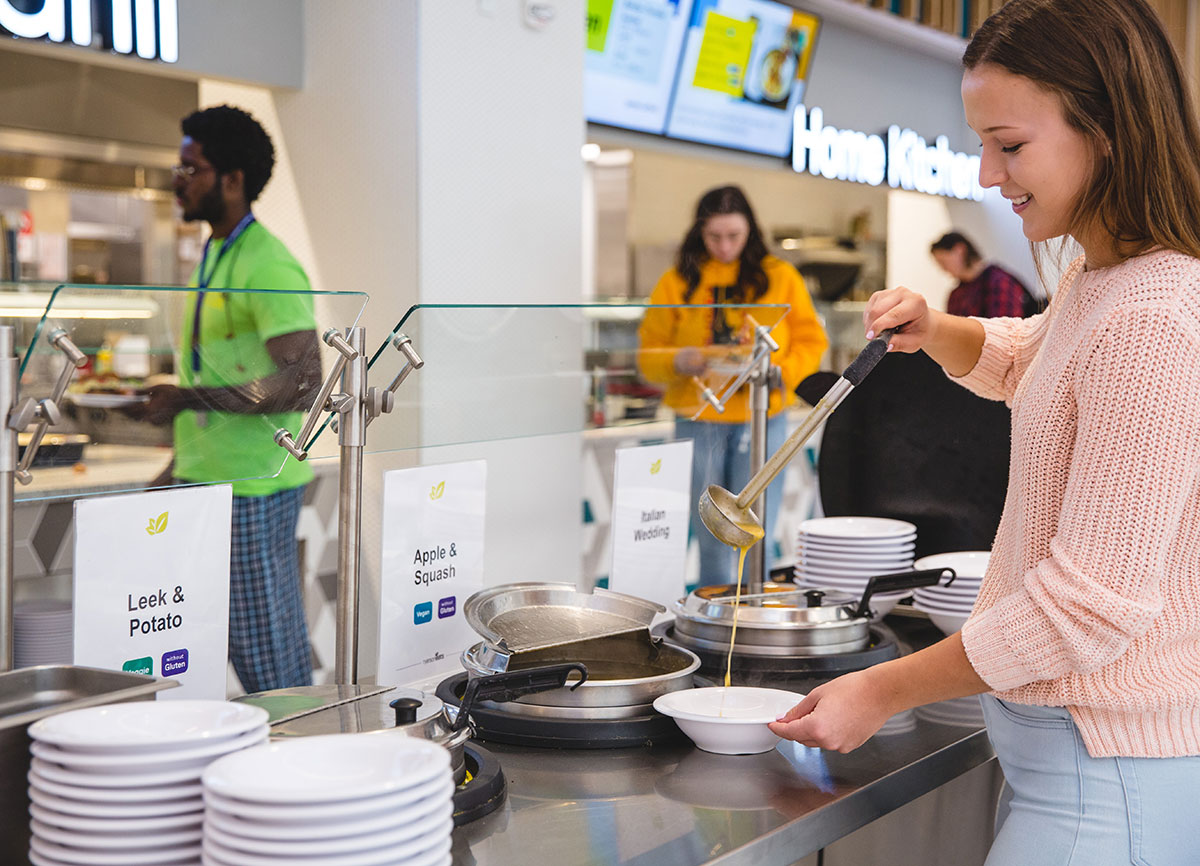 A student serving themeselves soup in the Pitman Dining Hall.
